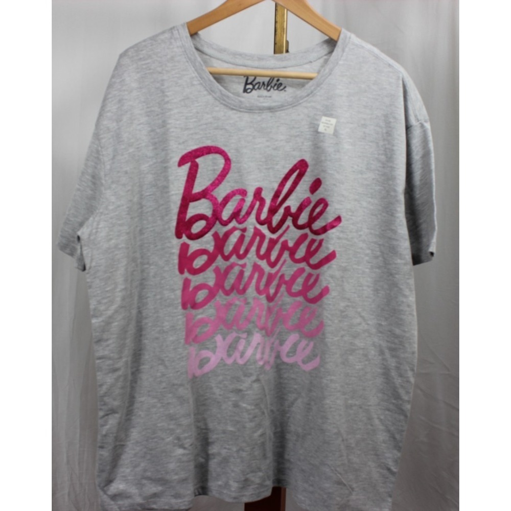 Barbie On Repeat T-Shirt Gray with PINK GLITTER Accents New Size XL Women's